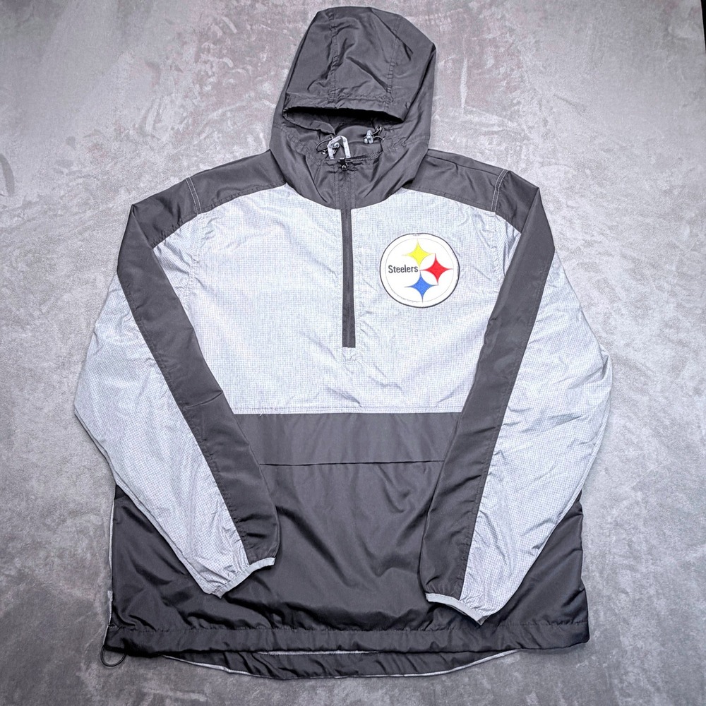 NFL Pittsburgh Steelers Windbreaker Mens XL Gray Black 1/4 Zip Hooded Jacket